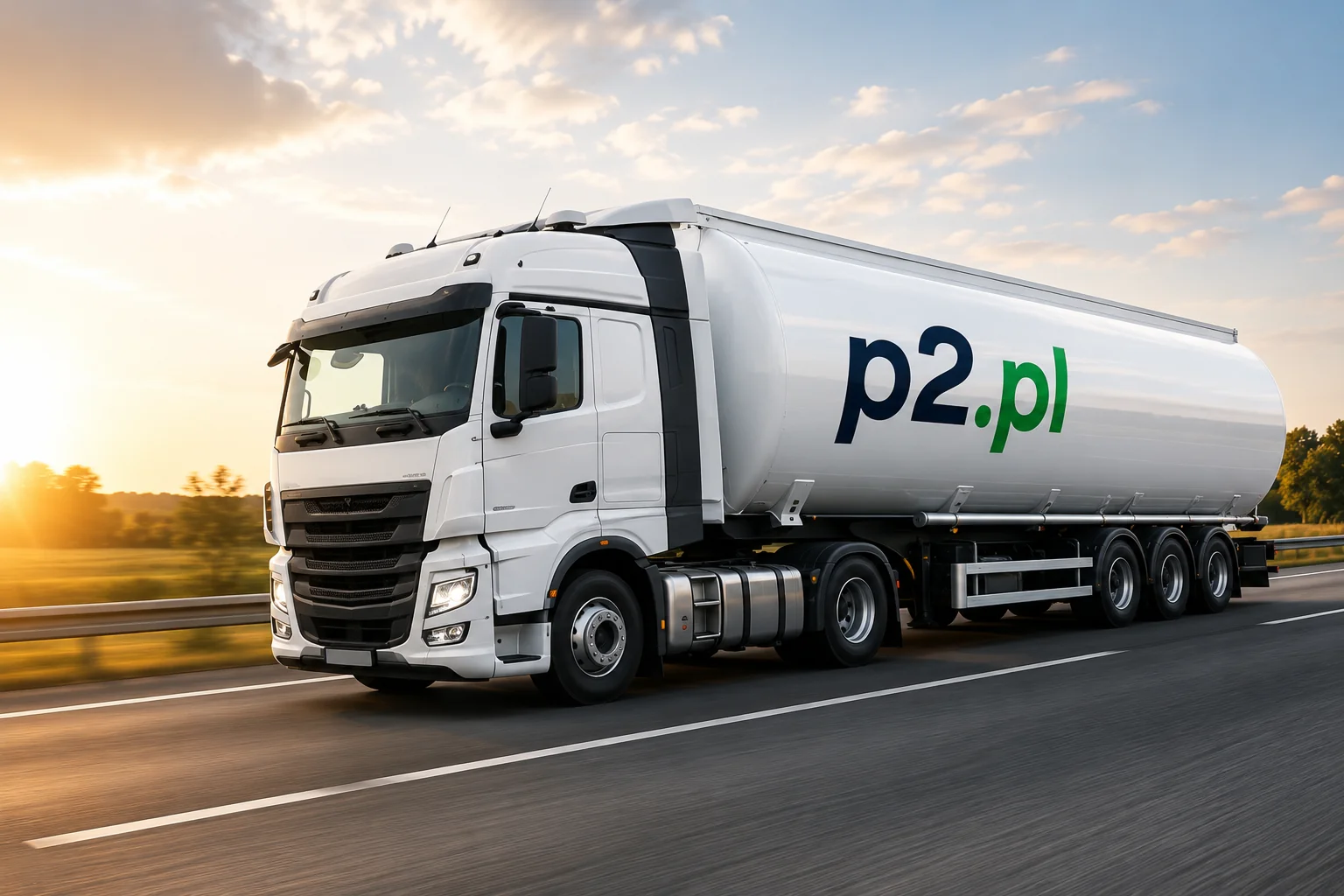 Biała cysterna paliwowa p2.pl jadąca drogą